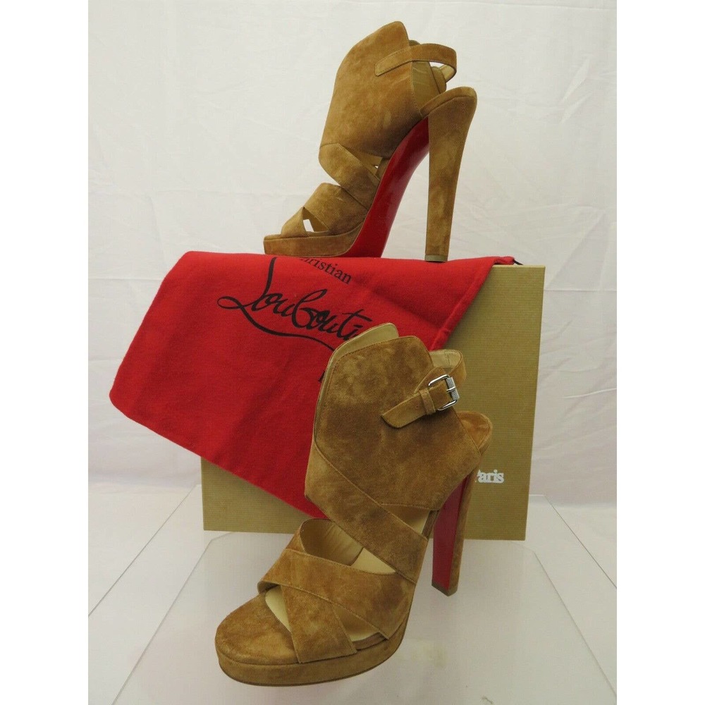 NIB LOUBOUTIN APRON LILI 120 BROWN SUEDE CRISSCROSS PLATFORM PUMPS 40.5 ITALY - Picture 2 of 12